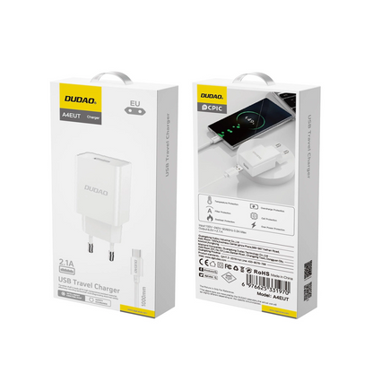 Polnilnik omrežja s kablom USB-C Dudao A4EU, 10W, 2.1A, 1 x USB-A, Bel