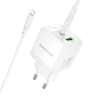 Polnilnik omrežja z Lightning kablom Borofone BN19 Intenso, 20W, 3A, 1 x USB-A - 1 x USB-C, bel