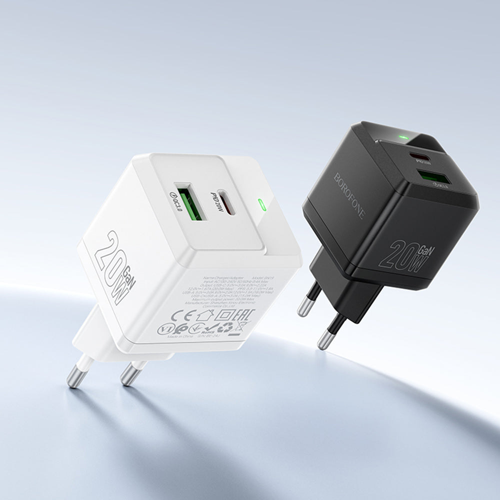 Polnilnik omrežja z Lightning kablom Borofone BN19 Intenso, 20W, 3A, 1 x USB-A - 1 x USB-C, bel