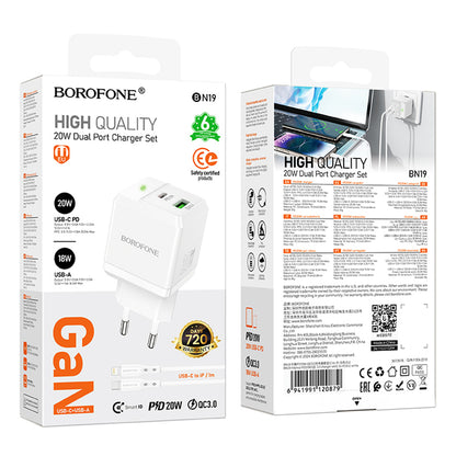 Polnilnik omrežja z Lightning kablom Borofone BN19 Intenso, 20W, 3A, 1 x USB-A - 1 x USB-C, bel
