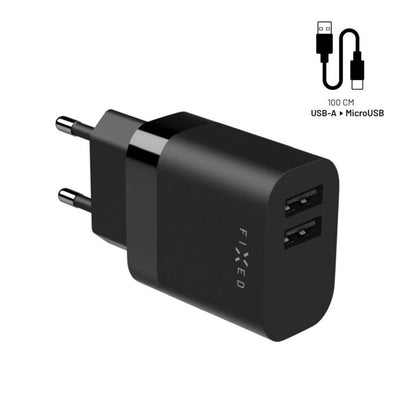 Polnilnik Fixed z mikroUSB kablom, 17W, 3A, 2 x USB-A, črn