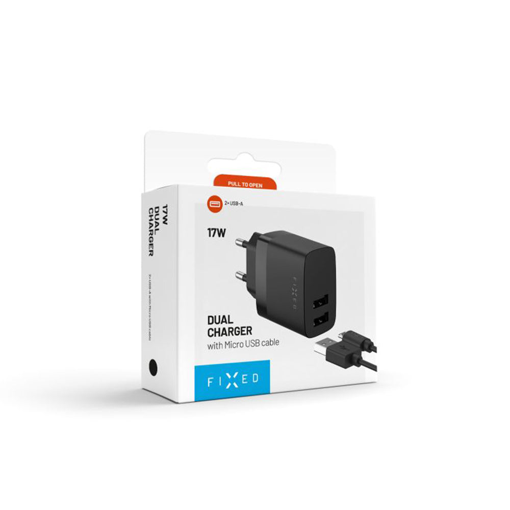 Polnilnik Fixed z mikroUSB kablom, 17W, 3A, 2 x USB-A, črn