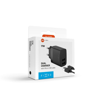 Polnilnik Fixed z mikroUSB kablom, 17W, 3A, 2 x USB-A, črn