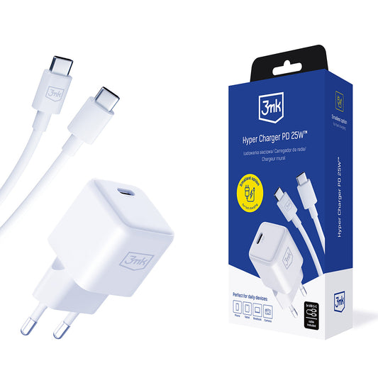 Polnilnik omrežja s kablom USB-C 3MK Hyper, 25W, 3A, 1 x USB-C, bel