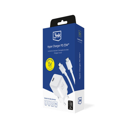 Polnilnik omrežja s kablom USB-C 3MK Hyper, 25W, 3A, 1 x USB-C, bel
