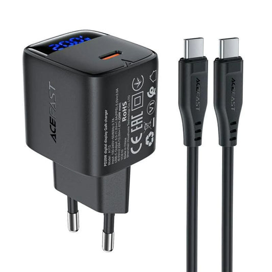 Polnilnik omrežja z USB-C kablom Acefast A113 Display, 20W, 3A, 1 x USB-C, črn