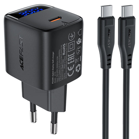 Polnilnik Acefast A115 z USB-C kablom, 30W, 3A, 1 x USB-C, črn