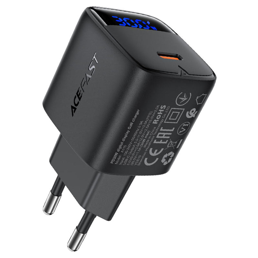 Polnilnik Acefast A115 z USB-C kablom, 30W, 3A, 1 x USB-C, črn