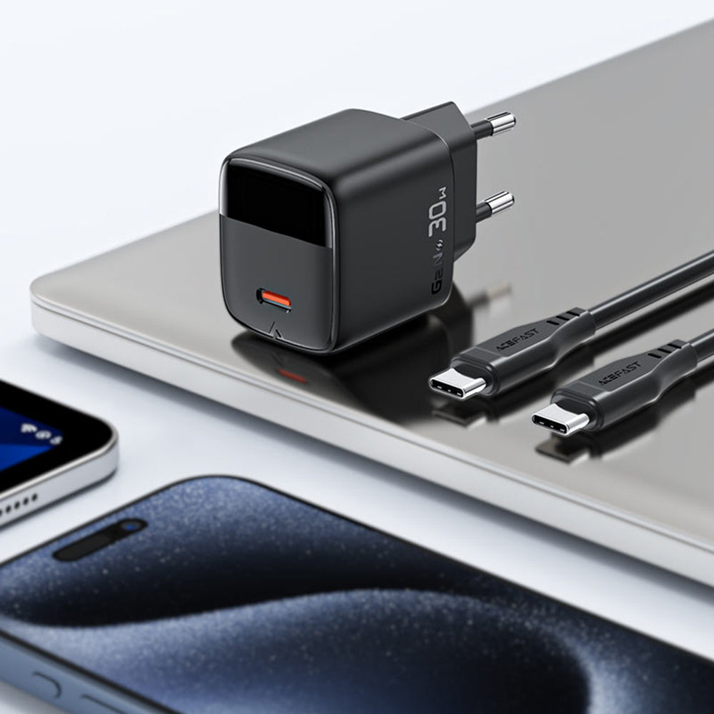 Polnilnik Acefast A115 z USB-C kablom, 30W, 3A, 1 x USB-C, črn