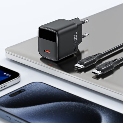 Polnilnik Acefast A115 z USB-C kablom, 30W, 3A, 1 x USB-C, črn