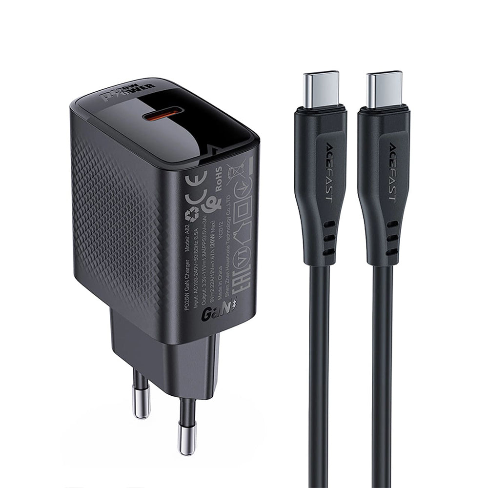 Omrežni polnilec z USB-C kablom Acefast A82, 20W, 3A, 1 x USB-C, črn