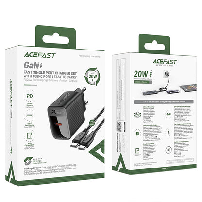 Omrežni polnilec z USB-C kablom Acefast A82, 20W, 3A, 1 x USB-C, črn