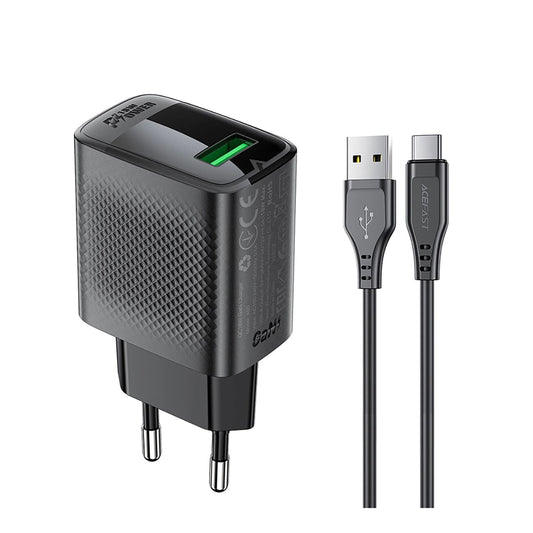 Polnilnik omrežja z USB-C kablom Acefast A90, 18W, 3A, 1 x USB-A, črn
