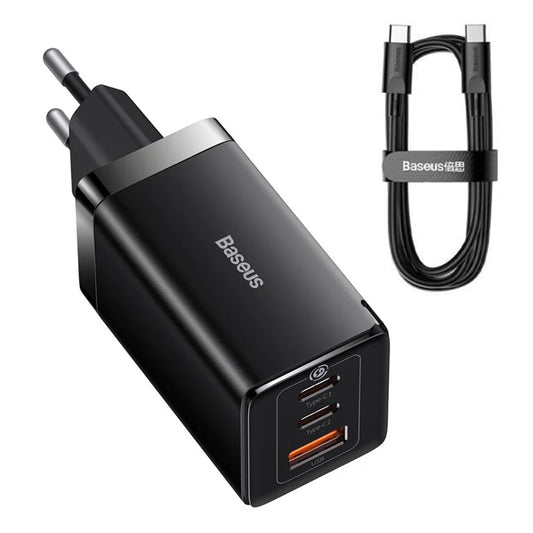 Polnilnik Baseus GaN5 Pro z USB-C kablom, 65W, 3.25A, 1 x USB-A - 2 x USB-C, črn C0206500