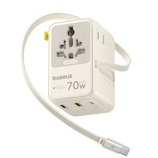 Omrežni polnilec z USB-C kablom Baseus Travel EnerCore CG11, 70W, 2 x vtičnica - 1 x USB-C - 2 x USB-A, bela E0307E01