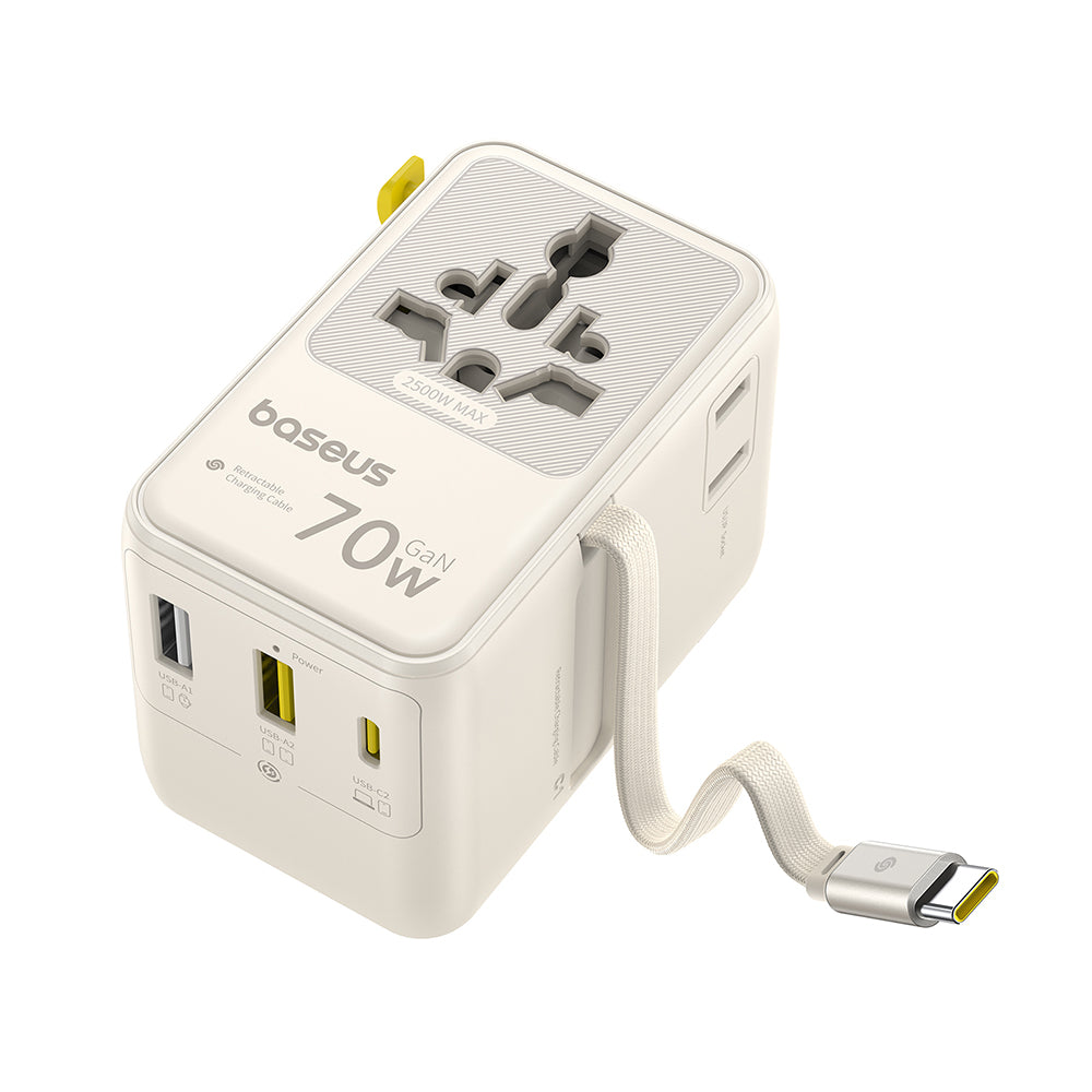 Omrežni polnilec z USB-C kablom Baseus Travel EnerCore CG11, 70W, 2 x vtičnica - 1 x USB-C - 2 x USB-A, bela E0307E01