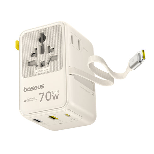 Omrežni polnilec z USB-C kablom Baseus Travel EnerCore CG11, 70W, 2 x vtičnica - 1 x USB-C - 2 x USB-A, bela E0307E01