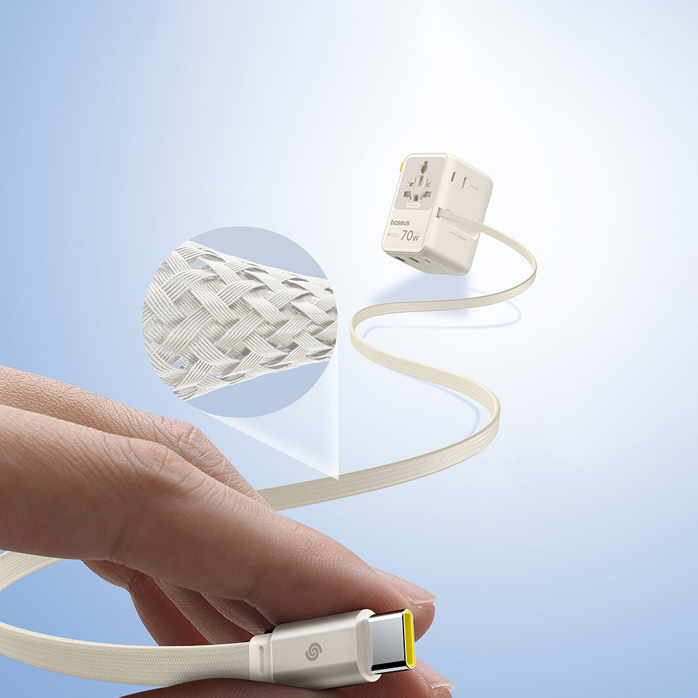Omrežni polnilec z USB-C kablom Baseus Travel EnerCore CG11, 70W, 2 x vtičnica - 1 x USB-C - 2 x USB-A, bela E0307E01