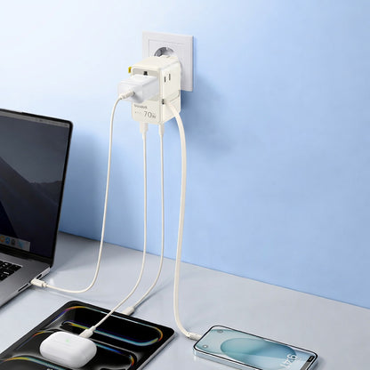 Omrežni polnilec z USB-C kablom Baseus Travel EnerCore CG11, 70W, 2 x vtičnica - 1 x USB-C - 2 x USB-A, bela E0307E01