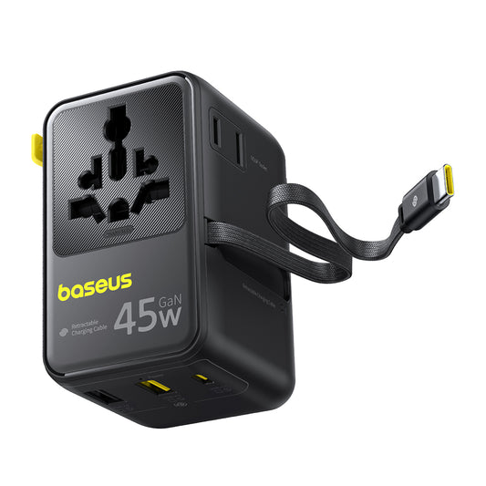 Omrežni polnilec z USB-C kablom Baseus Travel PicoGo AG11, 45W, 2 x vtičnica - 1 x USB-C - 2 x USB-A, črn E0307F00