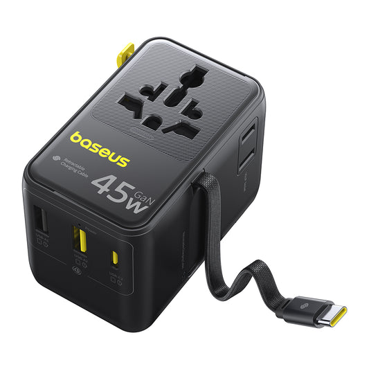 Omrežni polnilec z USB-C kablom Baseus Travel PicoGo AG11, 45W, 2 x vtičnica - 1 x USB-C - 2 x USB-A, črn E0307F00