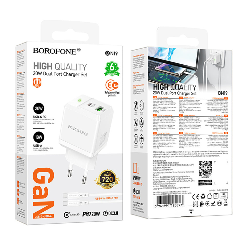 Network Charger with USB-C Cable Borofone BN19 Intenso, 20W, 3A, 1 x USB-A - 1 x USB-C, White
