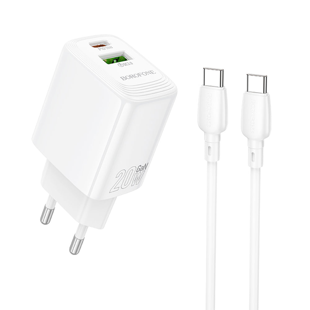 Polnilnik omrežja s kablom USB-C Borofone BN27 Fuente, 20W, 3A, 1 x USB-A - 1 x USB-C, bel