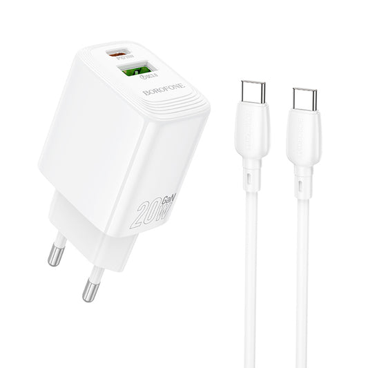 Polnilnik omrežja s kablom USB-C Borofone BN27 Fuente, 20W, 3A, 1 x USB-A - 1 x USB-C, bel