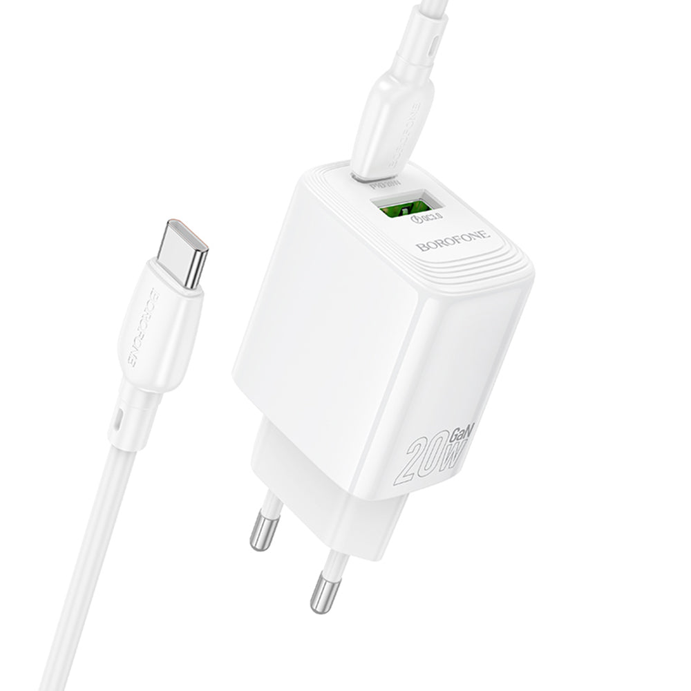 Polnilnik omrežja s kablom USB-C Borofone BN27 Fuente, 20W, 3A, 1 x USB-A - 1 x USB-C, bel