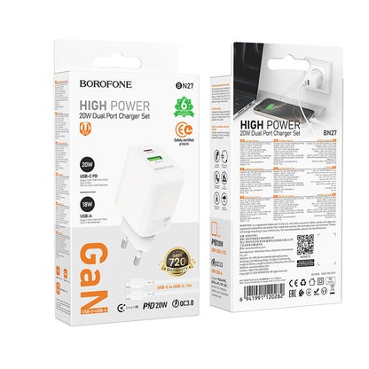 Polnilnik omrežja s kablom USB-C Borofone BN27 Fuente, 20W, 3A, 1 x USB-A - 1 x USB-C, bel