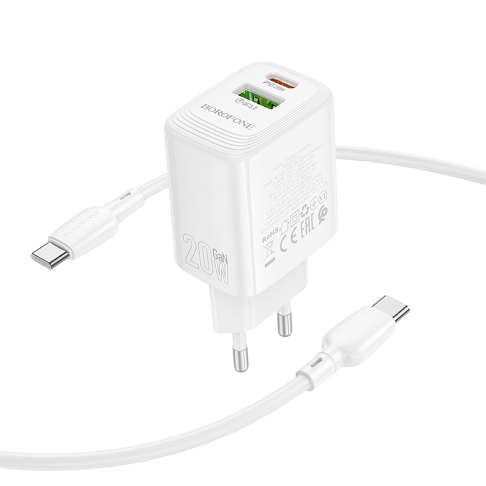 Polnilnik omrežja s kablom USB-C Borofone BN27 Fuente, 20W, 3A, 1 x USB-A - 1 x USB-C, bel