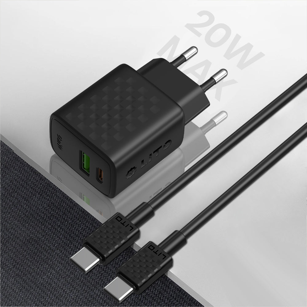Polnilnik omrežja z USB-C kablom Lito LC15T, 20W, 3A, 1 x USB-A - 1 x USB-C, črn