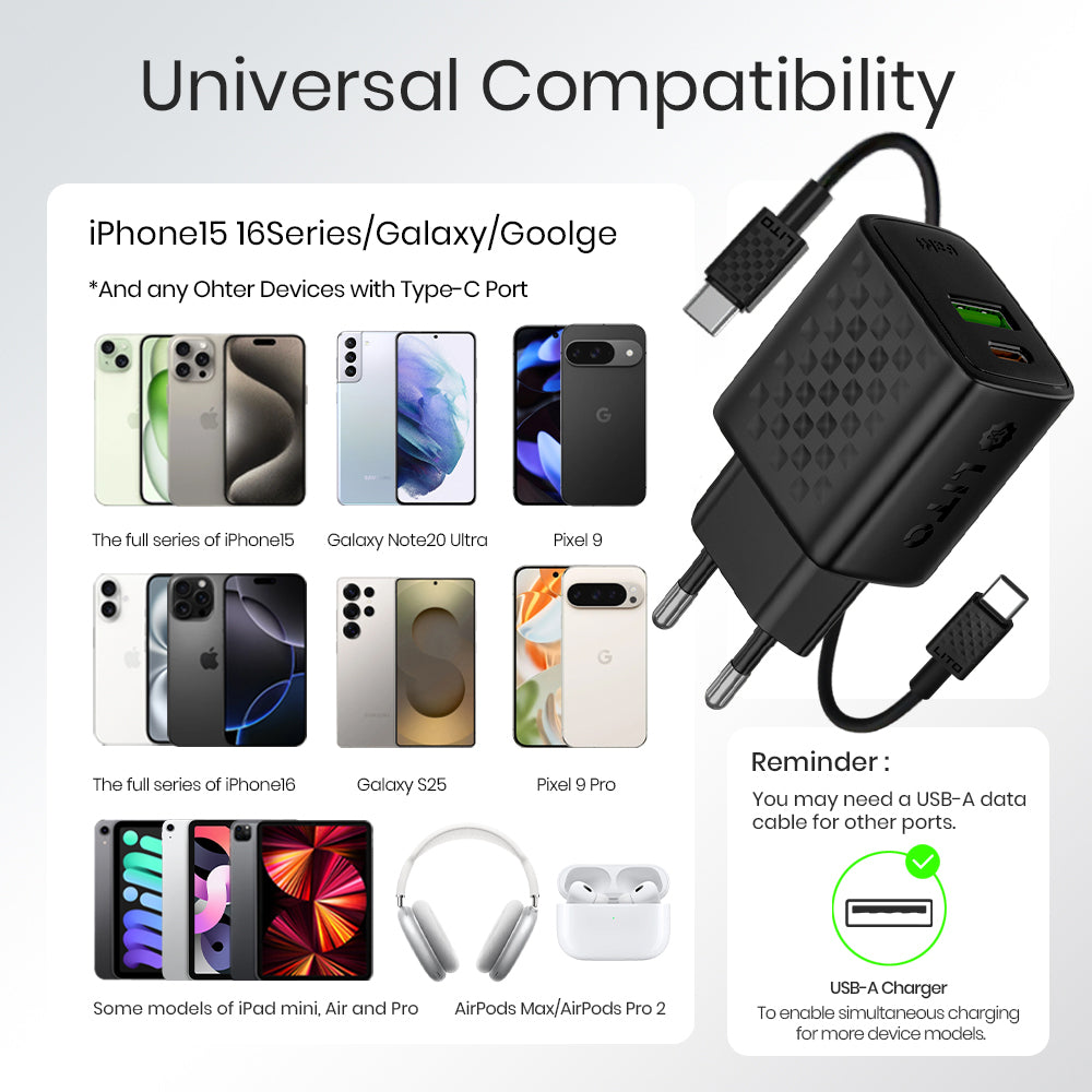 Polnilnik omrežja z USB-C kablom Lito LC15T, 20W, 3A, 1 x USB-A - 1 x USB-C, črn