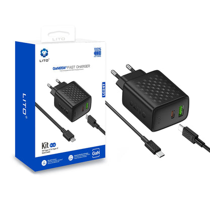 Polnilnik omrežja s kablom USB-C Lito LC24T, 65W, 3.25A, 1 x USB-A - 1 x USB-C, črn