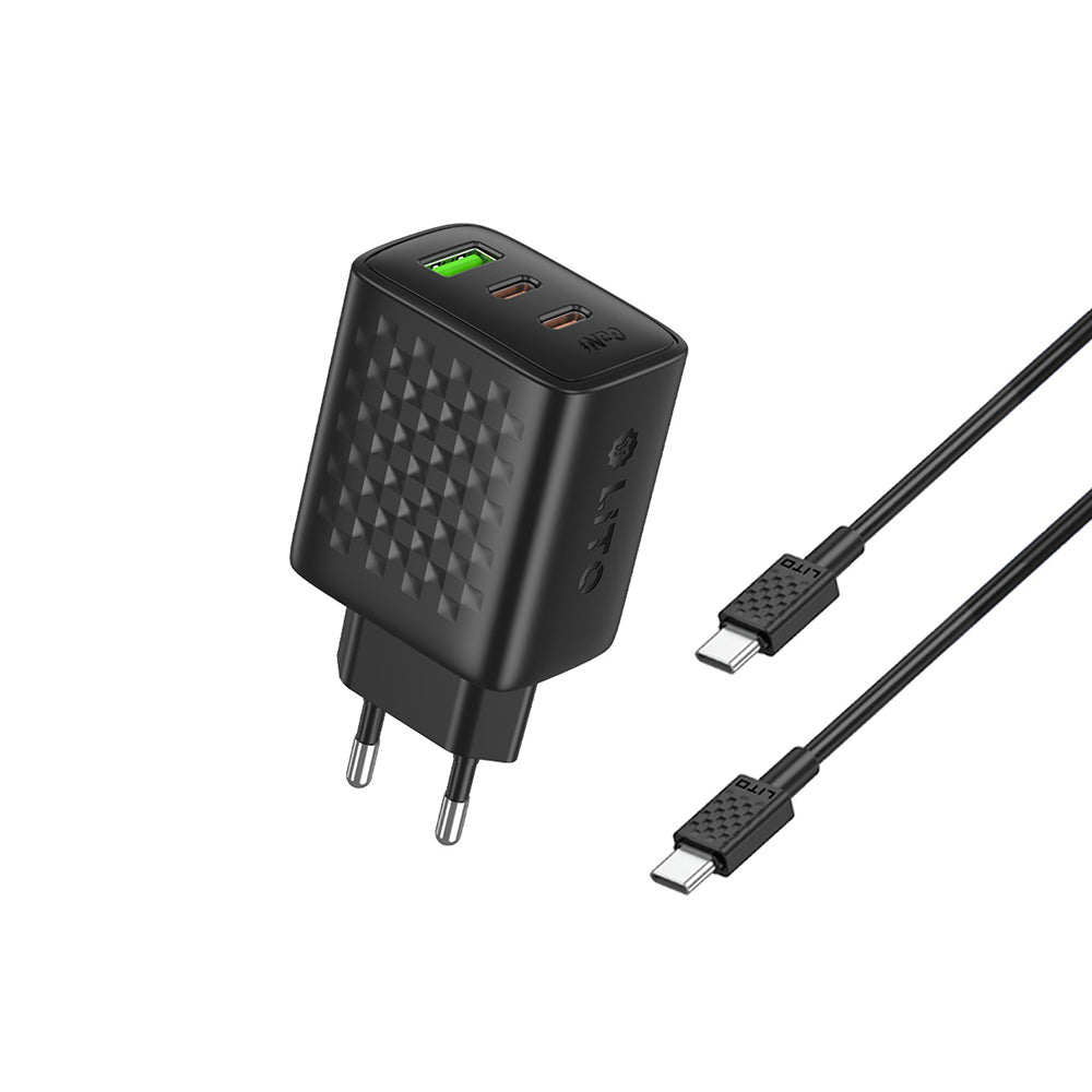 Polnilnik omrežja z USB-C kablom Lito LC25T, 65W, 3.25A, 1 x USB-A - 2 x USB-C, črn
