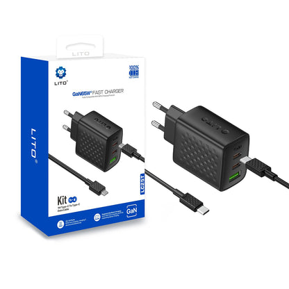 Polnilnik omrežja z USB-C kablom Lito LC25T, 65W, 3.25A, 1 x USB-A - 2 x USB-C, črn