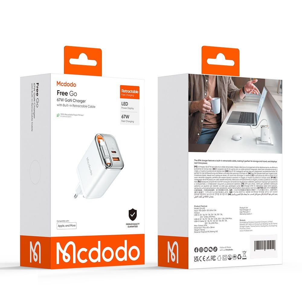 Polnilnik omrežja s kablom USB-C McDodo CH-4103 FreeGo Display, 67W, 3.35A, 1 x USB-A - 1 x USB-C, Bel