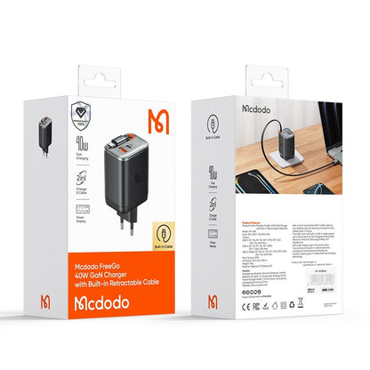 Polnilnik omrežja s kablom USB-C McDodo CH-4281 FreeGo Display, 40W, 3A, 1 x USB-A - 1 x USB-C, črn