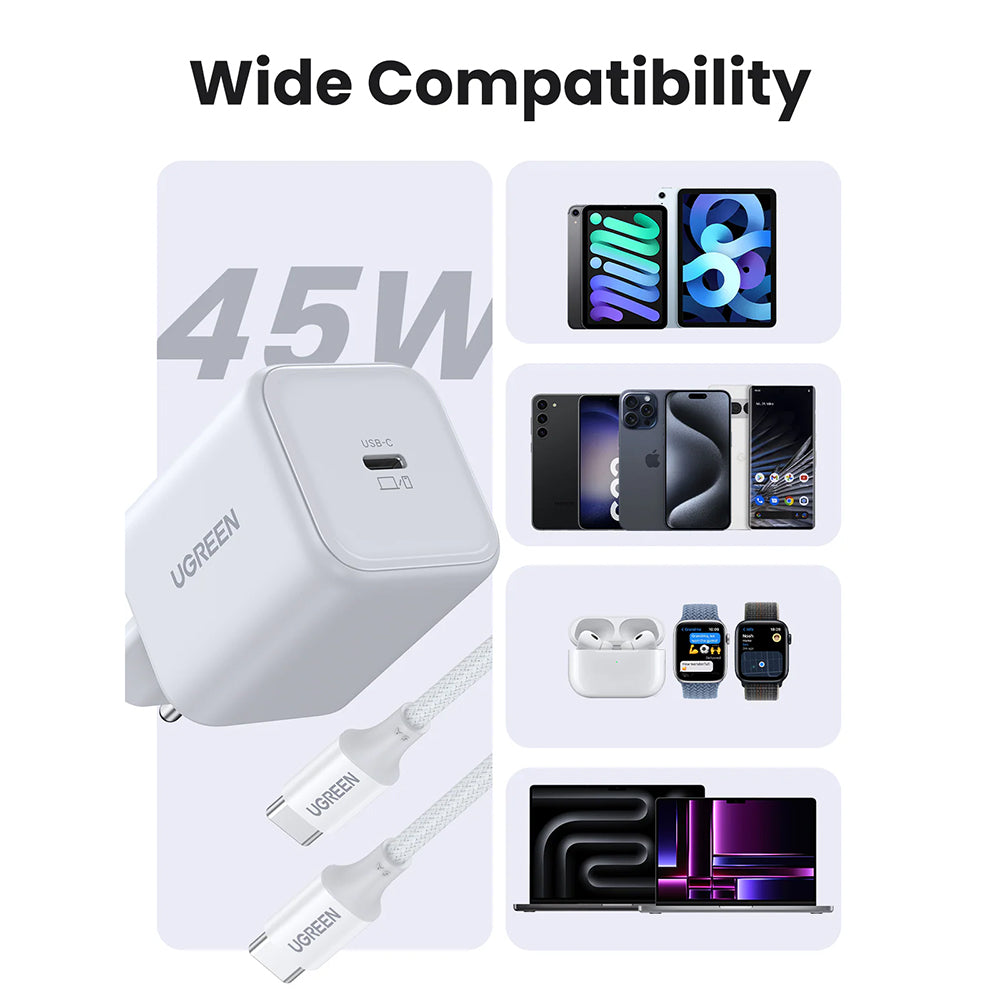 Omrežni polnilec z USB-C kablom UGREEN X524 (65055), 45W, 3A, 1 x USB-C, bel