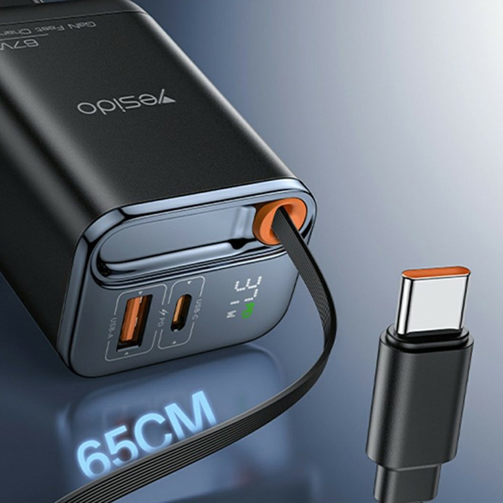 Polnilnik omrežja z USB-C kablom Yesido YC100 Display, 67W, 3.35A, 1 x USB-A - 1 x USB-C, črn