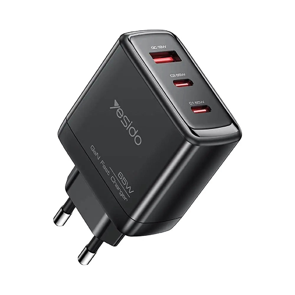 Polnilnik omrežja z USB-C kablom Yesido YC144C, 65W, 3.25A, 1 x USB-A - 2 x USB-C, črn