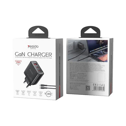 Polnilnik omrežja z USB-C kablom Yesido YC144C, 65W, 3.25A, 1 x USB-A - 2 x USB-C, črn