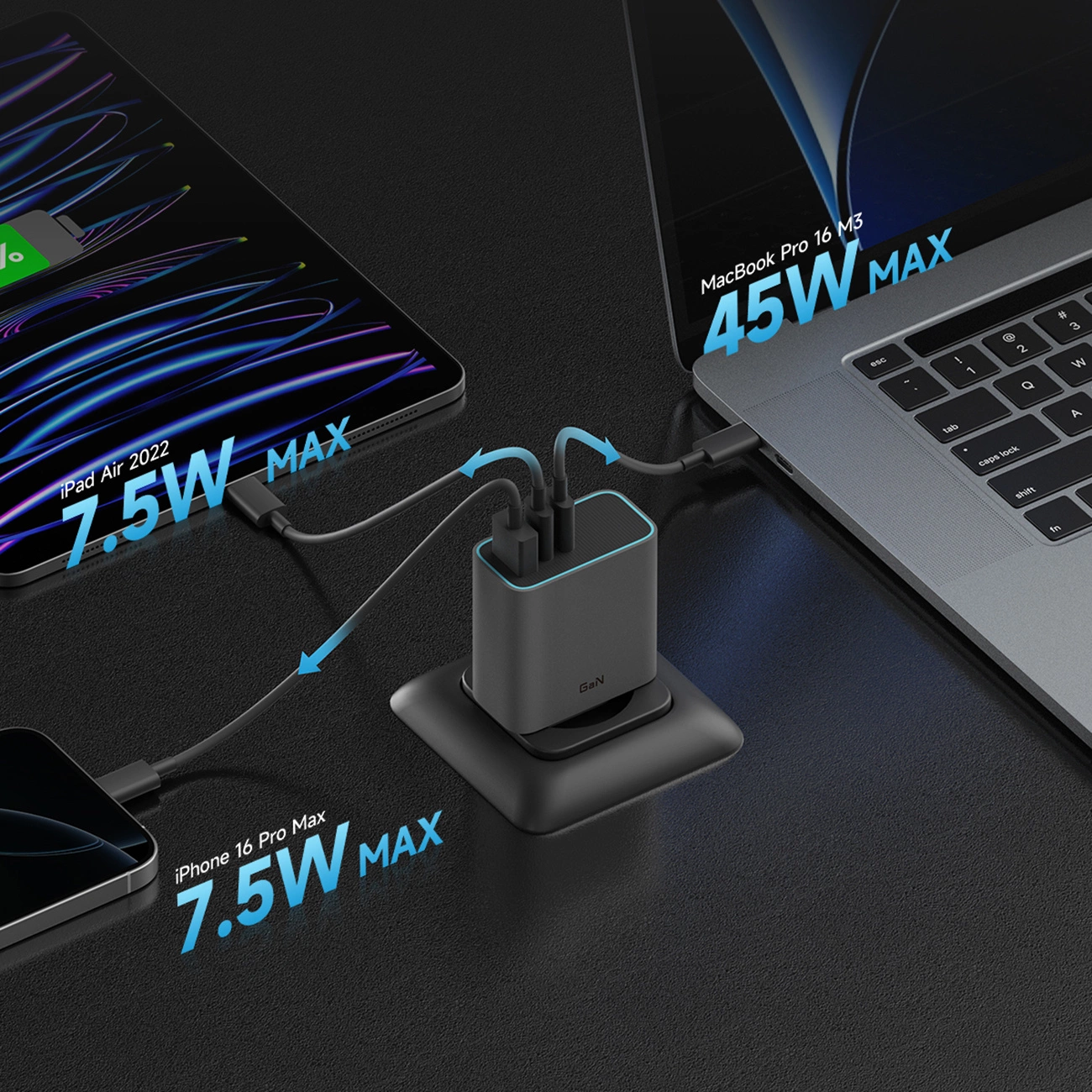 Polnilnik Cuktech, 65W, 3A, 1 x USB-A - 2 x USB-C, Siv CUKAD653EUGR