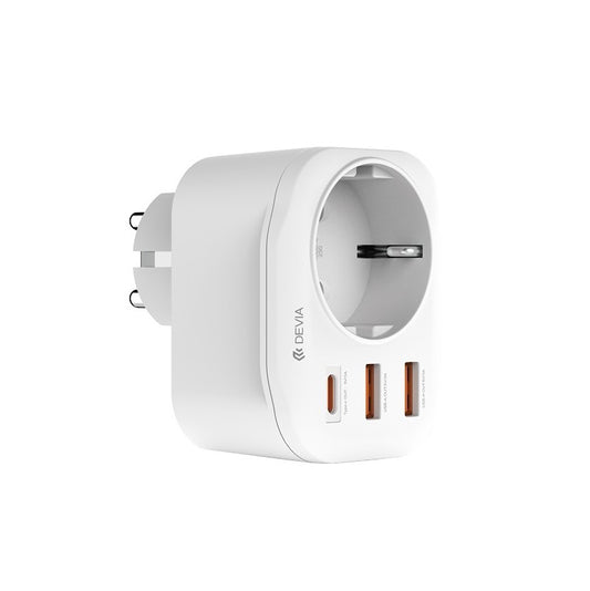 Polnilnik omrežja DEVIA WW09-F-PD, 20W, 3A, 2 x USB-A - 1 x USB-C - 1 x Schuko, Bel