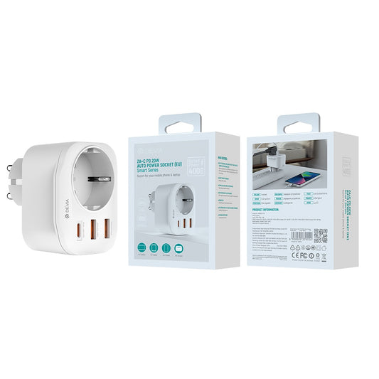 Polnilnik omrežja DEVIA WW09-F-PD, 20W, 3A, 2 x USB-A - 1 x USB-C - 1 x Schuko, Bel