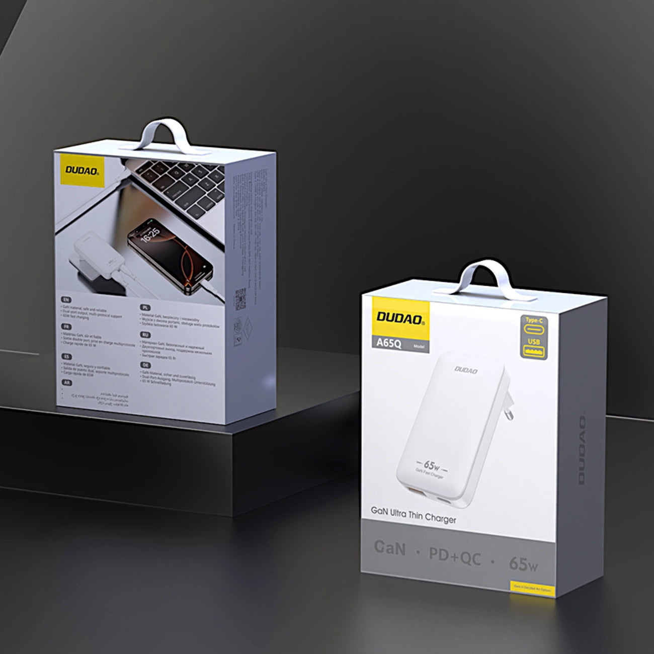 Polnilnik omrežja Dudao A65Q Travel, 65W, 3.25A, 1 x USB-A - 1 x USB-C, Bel