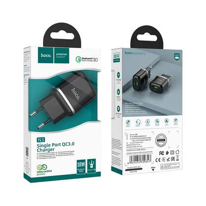 Polnilnik HOCO N3, 18W, 3A, 1 x USB-A, Črn