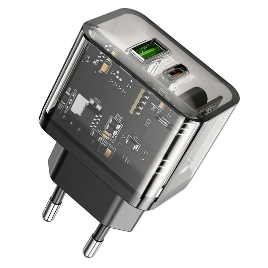 Polnilnik HOCO N34, 20W, 3A, 1 x USB-A - 1 x USB-C, Prozoren