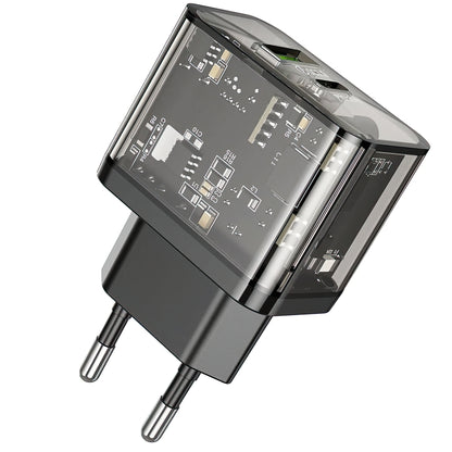 Polnilnik HOCO N34, 20W, 3A, 1 x USB-A - 1 x USB-C, Prozoren