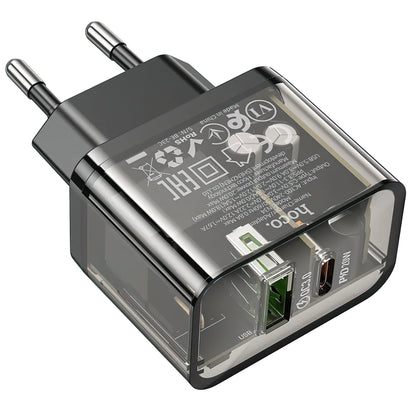 Polnilnik HOCO N34, 20W, 3A, 1 x USB-A - 1 x USB-C, Prozoren